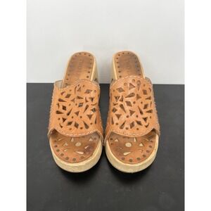Y2K Vintage Wedge Sandals 5 Tan Leather Chunky Platform Wooden Block Heel Cutout